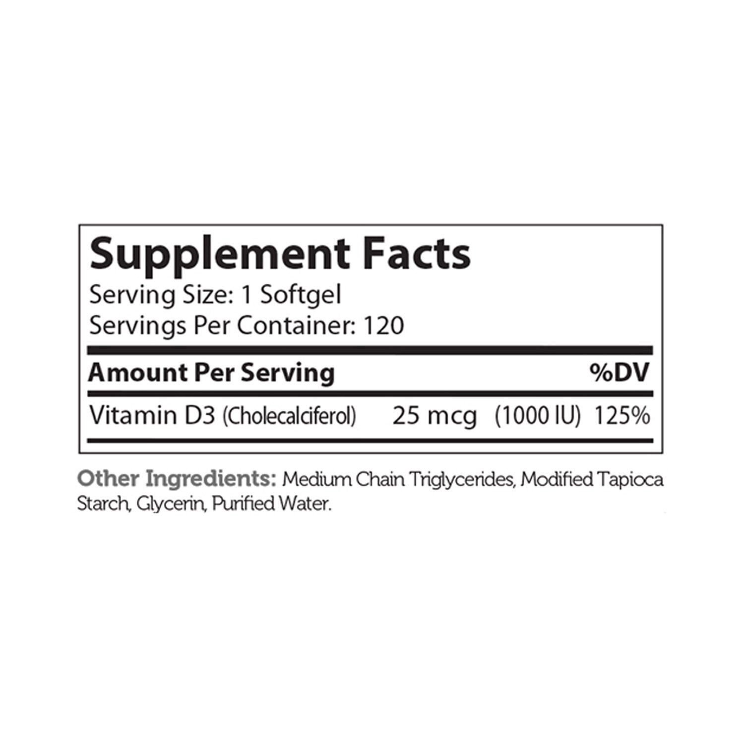 Vitamin D3 1000 IU - 120 Softgels (120 Servings)